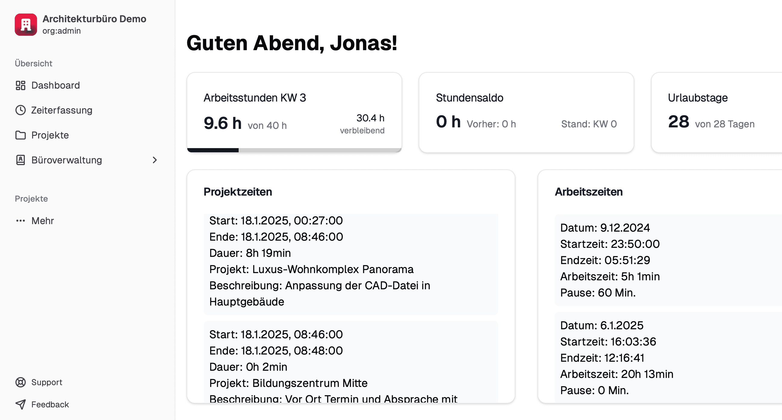 Übersichtliches Dashboard von TimeEngineer mit Echtzeit-Zugriff auf Stundenstatus, Zeiterfassungsdaten und Branchennews für Architekturbüros.